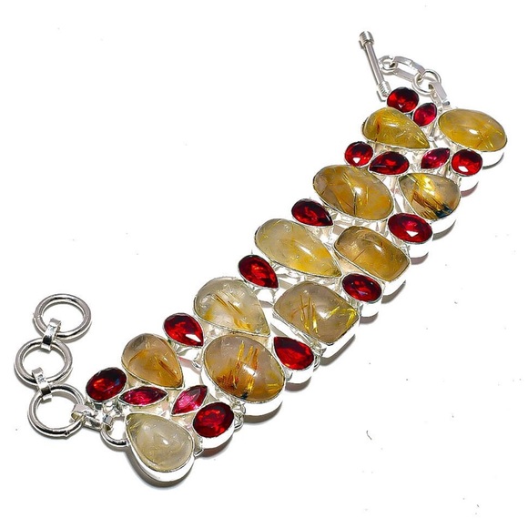 Golden Rutile Quartz Handmade 925 Sterling SilverOverlayMulti-stone Bracelet - Picture 1 of 1